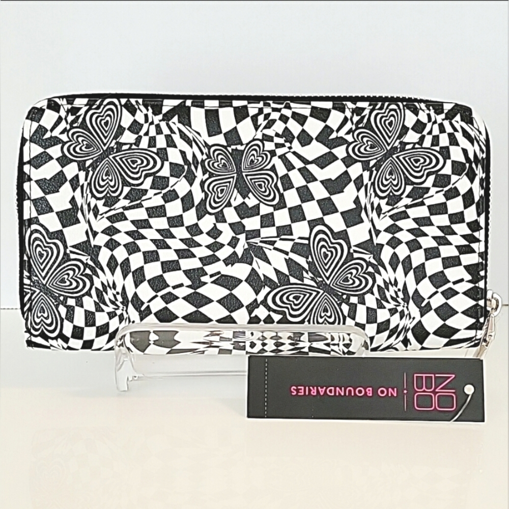 NO BOUNDARIES Faux Leather B&W Butterfly Checker ZipAround Clutch Wallet - NWT